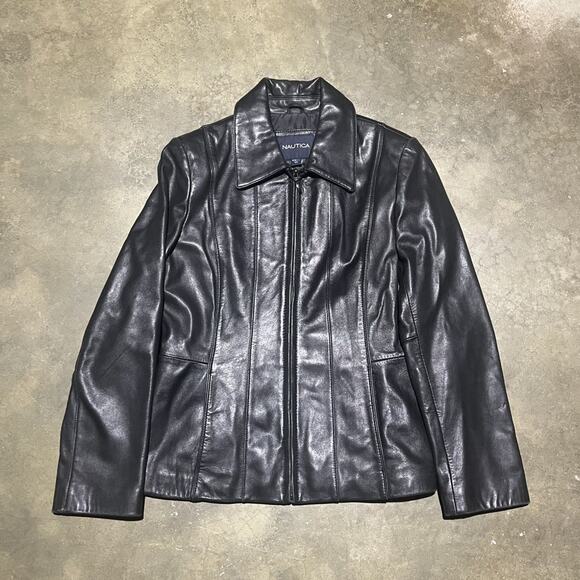 Vintage Y2k Nautica Black Grunge Leather Jacket - Picture 1 of 3